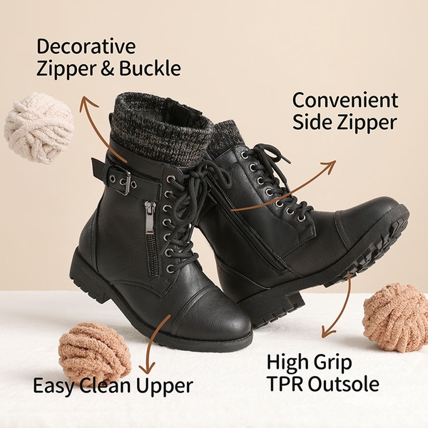 Girl's Mid Calf Combat Boots - BLACK - 1